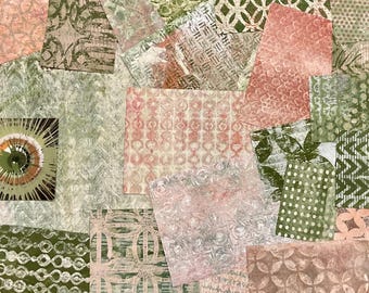 Groen bedrukt papier op gelliplaat: handgemaakte collage en mixed mediakunst