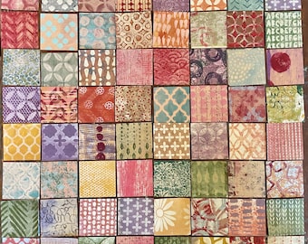 60 vierkanten. 3 x 3 inch.  Geschilderde papierstukken op gellellibord: gemengde techniek en collage.