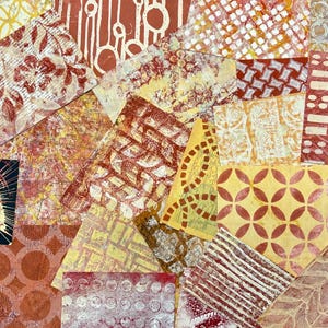 Geassorteerd rood/geel/oranje handgemaakte handgeschilderde geelliplaatpapieren voor gebruik in collage, mixed mediakunst, rommel en kunsttijdschriften, kaarten en meer