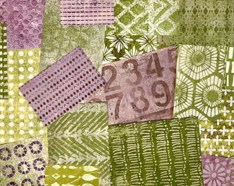 Green Gelli Print Paper Pack with Purple, Handmade Collage Papers