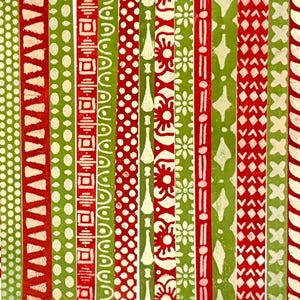 May include: A fabric featuring a repeating vertical stripe pattern in shades of red, lime green, and white. Each stripe displays a unique geometric or floral motif, including dots, diamonds, squares, chevrons, and stylized leaf shapes.
