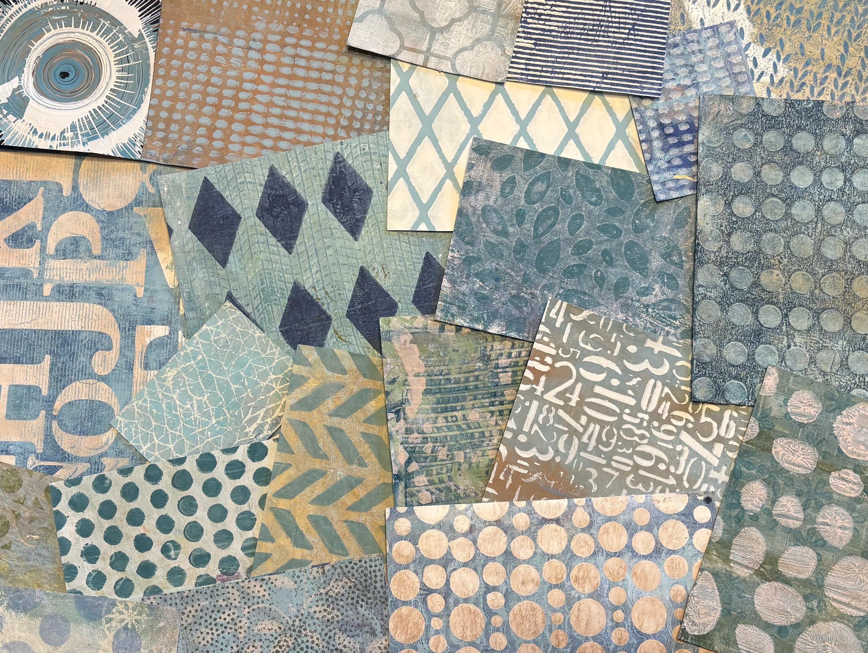 Assorted Blue Gelli Plate Handmade Papers for use in collage, art journals, mixed media art projects, scrapbooking, card making and more!