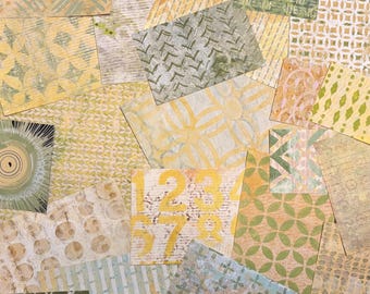 Verpakking geel/groen met gellellibordje bedrukt papier: handgemaakte collage, kunstjournaal