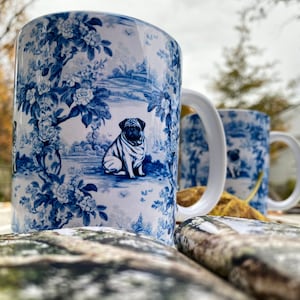 Pug Toile II Drawing Mug 11oz, Coffee or Tea Cup, Blue and White, Chinoiserie Porcelain Inspired, Gift for Pug Owner or Dog Lover,