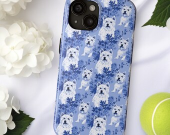 Westie Floral Tough Phone Case, Gift for West Highland Terrier Owner, Blue and White