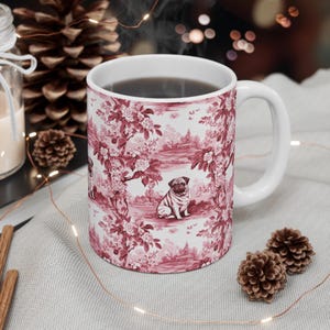 Pug Toile II Drawing Mug 11oz, Coffee or Tea Cup, Maroon Burgundy and White, Chinoiserie Porcelain Inspired, Pug Owner or Dog Lover Gift