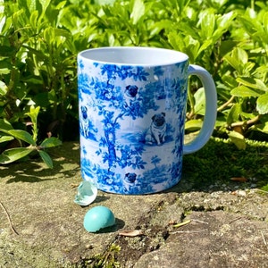 Pug Toile I Drawing Mug 11oz, Coffee or Tea Cup, Blue and White, Chinoiserie Porcelain Inspired, Gift for Pug Owner or Dog Lover,