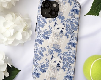 Westie Toile Tough Phone Case, Gift for West Highland Terrier Owner, Blue and White