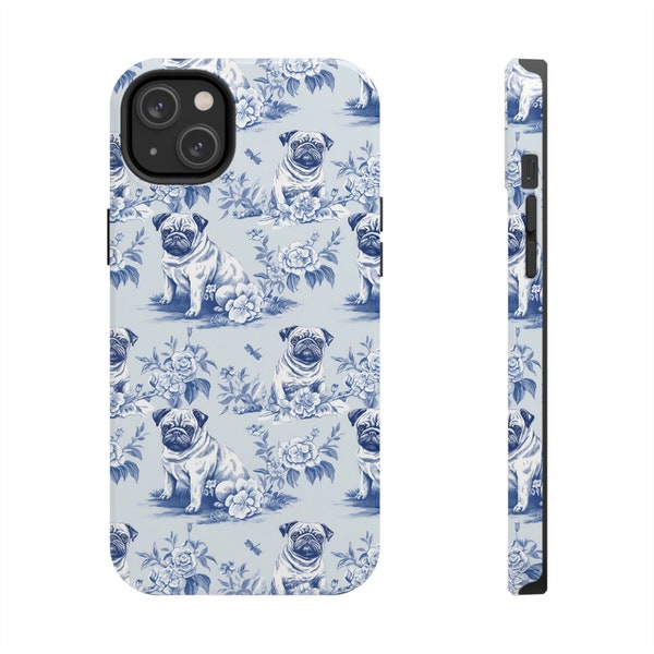 Pug Floral Toile Tough Phone Case, Gift for Pug Owner or Pug Enthusiast, Blue