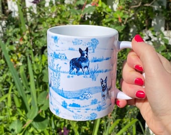 Blue Heeler Toile Mug 11 oz, Gift for Australian Cattle Dog Owner, Blue and White / Cream, Porcelain Inspired