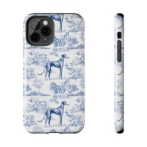 Greyhound Toile Tough Phone Case, Gift for Greyhound Owner, Traditional Blue and White Pattern