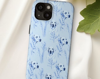 May include: A light blue phone case with a repeating pattern of white labrador retrievers and blue grass. The case has a black camera lens.