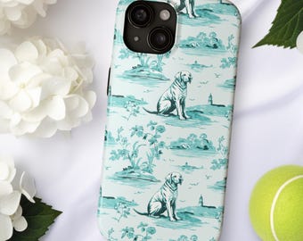 May include: A turquoise and white phone case with a repeating pattern of dogs and floral designs. The case is designed for an iPhone.