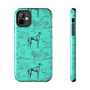 Greyhound Toile Tough Phone Case, Gift for Greyhound Owner, Traditional Pattern in Turquoise Blue Green
