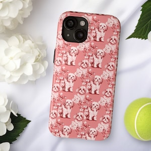 Estuche rígido para teléfono con diseño de rayas de toile para perros habaneros, regalo para dueños de perros mestizos habaneros, color salmón rosado y rojo de Nantucket