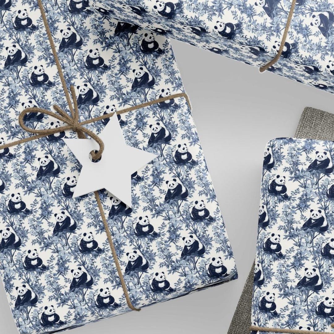 Panda Wrapping Panda Toile Wrapping Papers, Glossy Blue and White Chinoiserie Floral ...