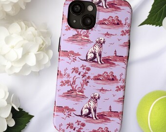 May include: A lavender phone case with a repeating pattern of brown dogs sitting on islands with pink flowers and trees. The case has a camera lens cutout.