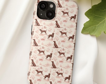 May include: A white phone case with a repeating pattern of brown dogs on a pink floral background.