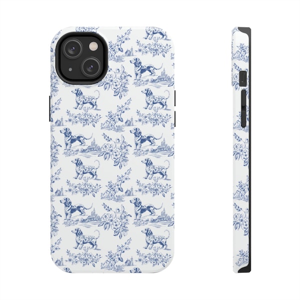 Wiener Dog Country / City Toile Tough Phone Case, Gift for Dachshund Owner, Blue and White