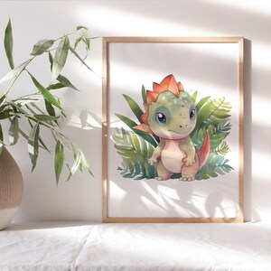 Digital Watercolor Baby Dinosaur Jungle Print - Nursery Decor - Kids Room Wall Art - Printable Dino Illustration - Instant Download