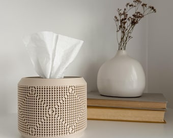 Square & Rectangular Tissue Box Cover Replacement | Minimalist Round Tissue Box Holder Pod in SAJUNA Pattern | e.1