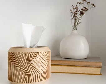Square & Rectangular Tissue Box Cover Replacement | Minimalist Round Tissue Box Holder Pod in FRACTAL Pattern | e.1