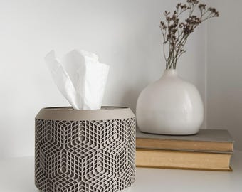 Square & Rectangular Tissue Box Cover Replacement | Minimalist Round Tissue Box Holder Pod in CUBEHEX Pattern | e.1