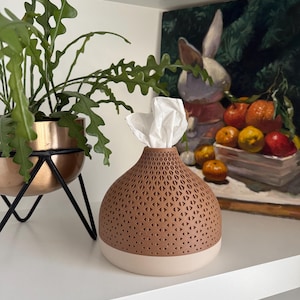 May include: A brown and cream tissue box with a geometric design, placed on a white shelf. The tissue box is next to a green plant in a copper pot and a painting of a rabbit and fruit. The tissue box is a decorative item.
