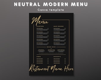 Neutral Modern Menu - Minimal Restaurant Menu Canva Template,  Minimalistic Menu, Editable Instant Digital Download Printable Editable