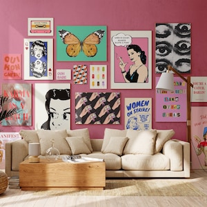 Girly Gallery Wall, Set of 17, Feminist Art Prints, College Dorm Decor, Maximalism Decor, Bold Wall Art, Eclectic Art Prints, Pink Posters