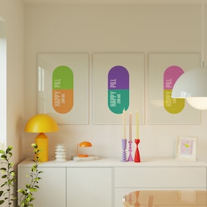 Happy Pill Prints Set of 3 - Dorm Decor for College Girls - Maximalism Decor - College Apartment Posters - Pop Art - Digital Download