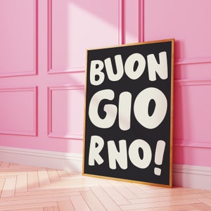 ボンジョルノ プリント、イタリアの壁アート、タイポグラフィ ポスター、白黒アート、大胆な室内装飾、インディーズ プリント、風変わりなキッチン アート、ファンキーなプリント