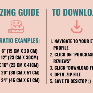 Pu&ograve; includere: Una guida alle dimensioni per i download digitali con esempi di dimensioni di rapporto 3:4 in pollici e centimetri. Le istruzioni per scaricare i file digitali da Etsy sono elencate sotto la guida alle dimensioni.