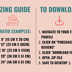 Puede incluir: Una gu&iacute;a de tallas para descargas digitales con ejemplos de tama&ntilde;os de proporci&oacute;n 3:4 en pulgadas y cent&iacute;metros. Las instrucciones para descargar archivos digitales de Etsy se enumeran debajo de la gu&iacute;a de tallas.