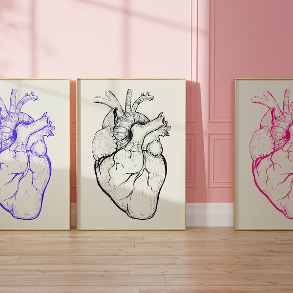 Heart Anatomy Prints - Set van 3 - College Dorm Decor - Maximalist Decor - Nurse Gifts - Eclectic Gallery Wall - Anatomy Posters - Eigenzinnige kunst