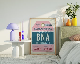 Nashville Airport Print, Gepäckanhänger Kunst, Tennessee Poster, Girly Wohnung, Trendige Poster, Maximalistisches Dekor, schrulliges Wohndekor, Typografie