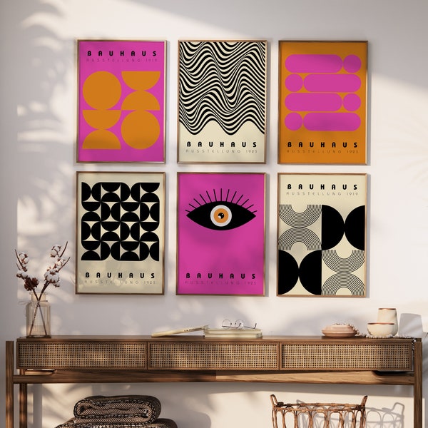 Orange Pink Bauhaus Set of 6 - Colorful Prints - Maximalism Decor - Bauhaus Prints Pink - Retro Wall Art - Digital Instant Download