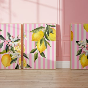 Pink Stripe Lemon Print - Set of 3 - Lemons of Amalfi - Maximalism Decor - Eclectic Gallery Wall - College Dorm Decor - Digital Download