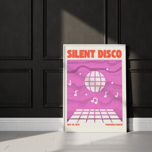 Retro Disco Art Print, 70er Jahre Poster, Pink Prints, Disco Room Decor, Vintage Band Poster, Indie Room Decor, Uni Wohnheim Poster, Quirky Art Bild 1