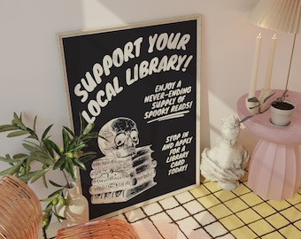 Apoye la impresión de su biblioteca local, arte de pared espeluznante, arte en blanco y negro, anuncio retro, decoración de pared de Halloween, arte en el aula, decoración de brujas