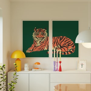 Tiger Print Pop Art - Set of 2 - Maximalism Decor - Green Orange Eclectic Gallery Wall - Colorful Maximalist Poster - Digital Download