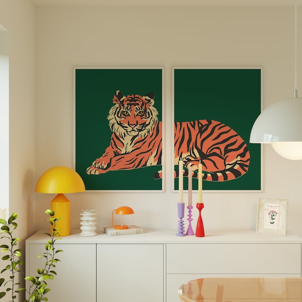 Tiger Print Pop Art - Set of 2 - Maximalism Decor - Green Orange Eclectic Gallery Wall - Colorful Maximalist Poster - Digital Download