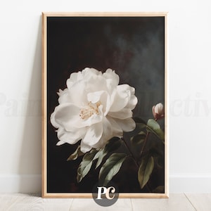 Druck mit weißer Pfingstrose | Blumenmalerei | Dunkles Blumendekor | Botanisches Kunstwerk | Digitale Kunst