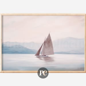 Roze horizon kustprint | Vintage zeegezicht kunst aan de muur | Gedempte nautische kunst aan de muur | Digitaal downloaden