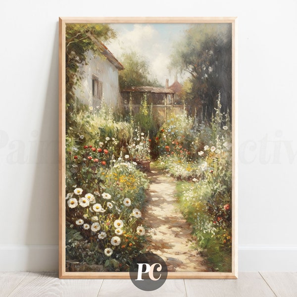 24x36 | Bright Cottage Print | Cottage Garden Print | Floral Oil Painting | Summer Vintage Print | M2O | Digital Download