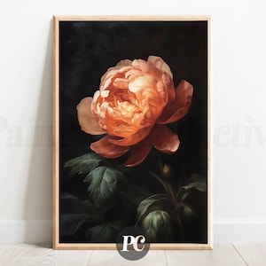 Estampado floral de coral audaz / Arte vintage cambiante / Decoración floral oscura / Obra de arte botánica / Arte digital