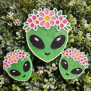May include: Three green alien-shaped ornaments with black eyes and smiling mouths, each adorned with a flower crown of pink, white, and yellow glitter. The ornaments are set against a backdrop of green foliage, with the text "little Freshie Shop".