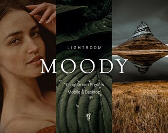 May include: A digital product listing for 10 Lightroom presets, featuring a woman with dark hair and a moody, atmospheric background. The text "LIGHTROOM MOODY 10 Lightroom Presets Mobile & Desktop" is displayed on the image.