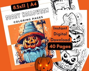 Scary Halloween Coloring Pages, Spooky Grayscale Horror Designs, Printable Creepy Colouring Book Adults, Grayscale Scary Faces & Monsters