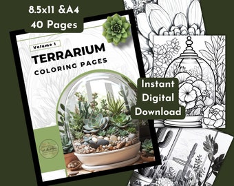 Terrarium Coloring Pages, Mindfulness, Adults and Kids Coloring Page, Succulent, Flowers, Plant Coloring, Cactus, Digital PDF Download